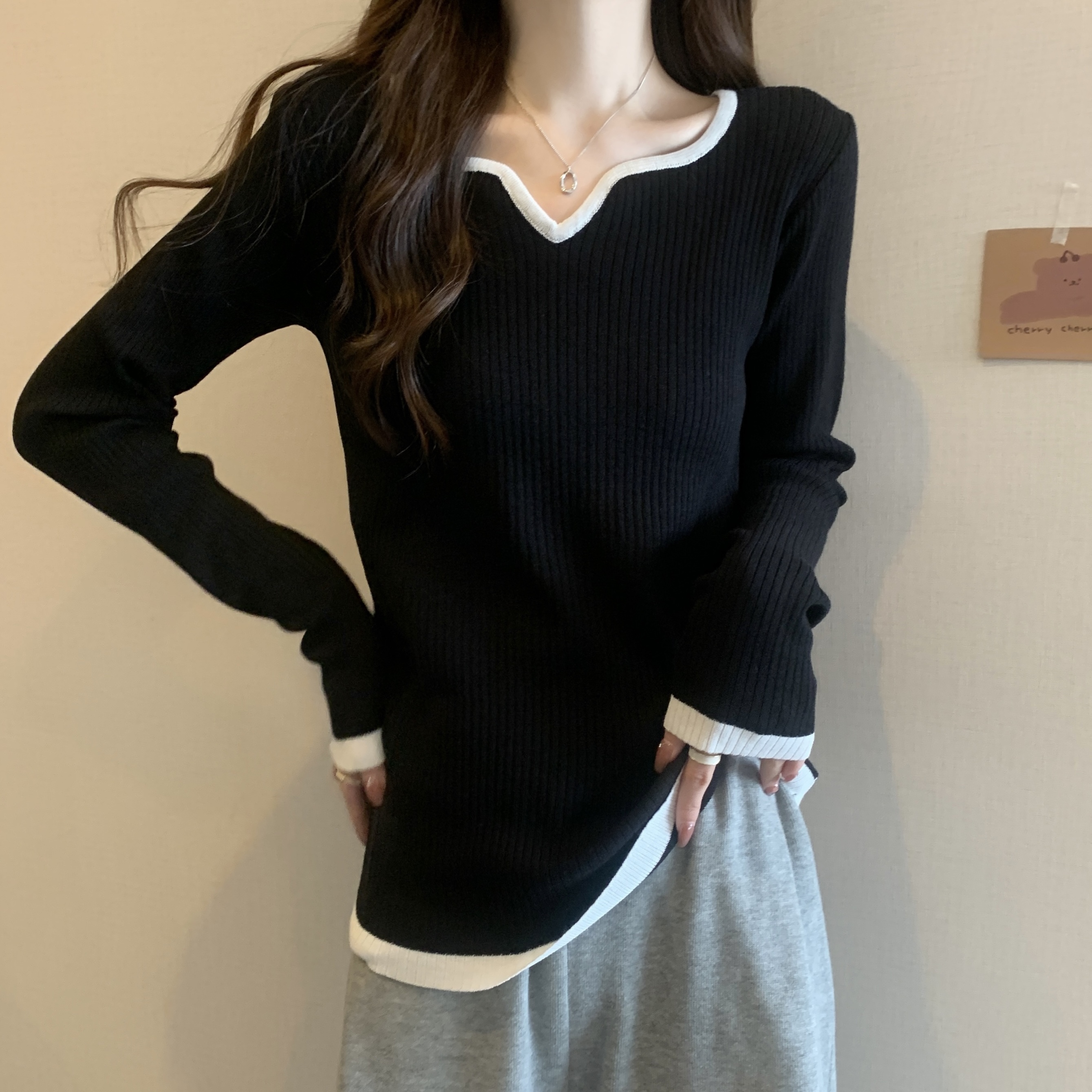 秋冬季2023新款洋氣修身方領毛衣女高級感內搭長袖針織打底衫上衣