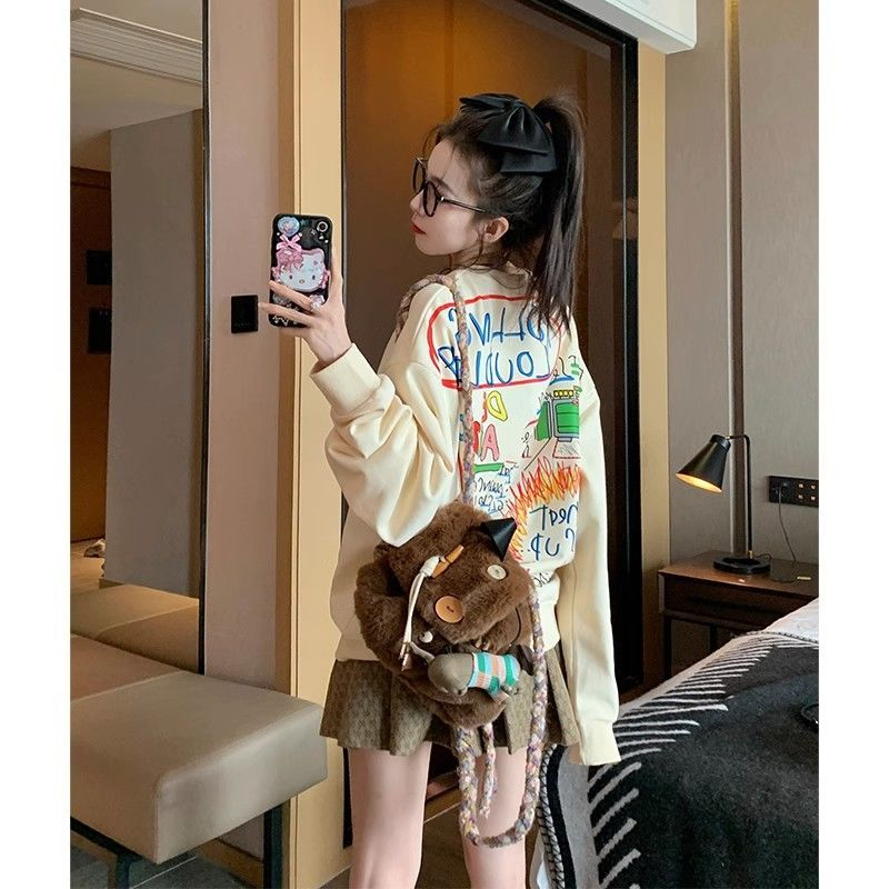 防棉華棉複合銀狐絨400克百搭圓領女秋冬高級感美式塗鴉上衣ins