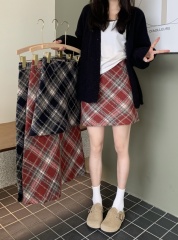 Actual shot - Thickened Plush Woolen High-Waist Gingham A-Line Skirt