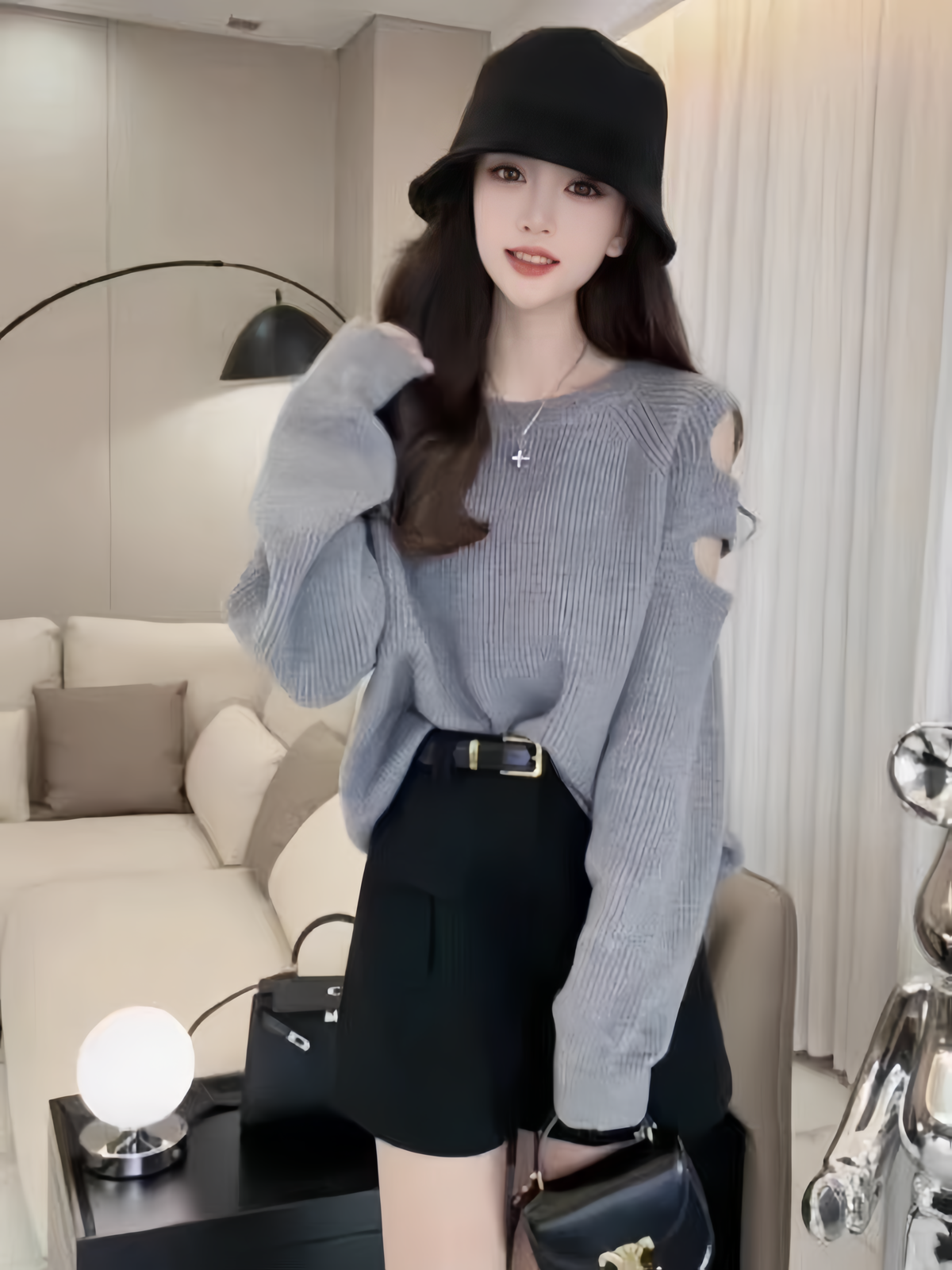 秋季新款設計感破洞袖子減齡純色針織毛衣女慵懶風寬鬆長袖上衣潮