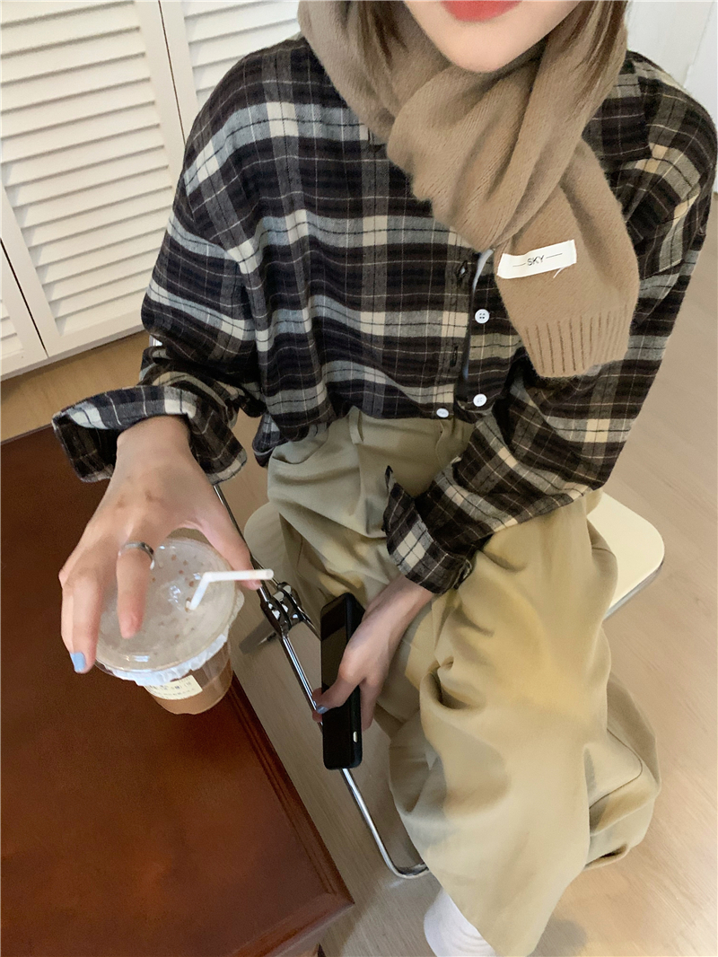 實拍 秋冬磨毛襯衣翻領格子襯衫上衣