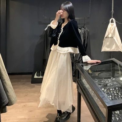 金絲絨新款復古溫柔中長裙仙女紗裙2023秋冬季套裝中長裙兩件套
