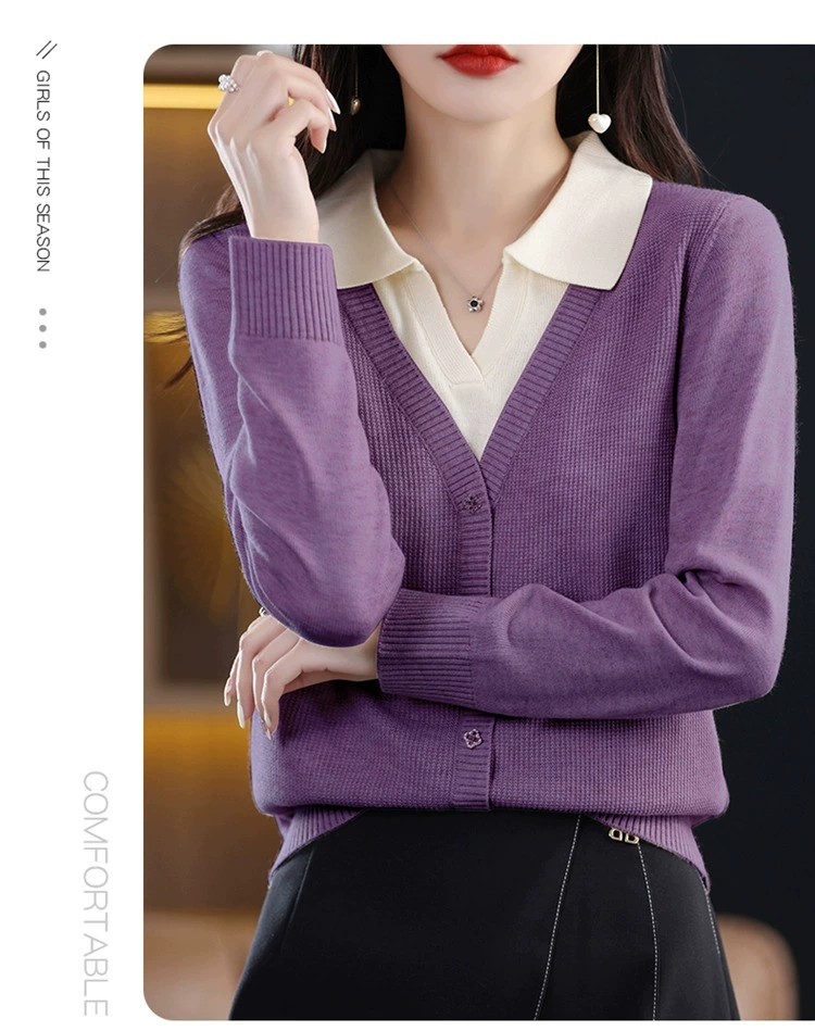 2023秋裝新款上衣女時尚假兩件襯衫毛衣女寬鬆顯瘦翻領針織打底衫