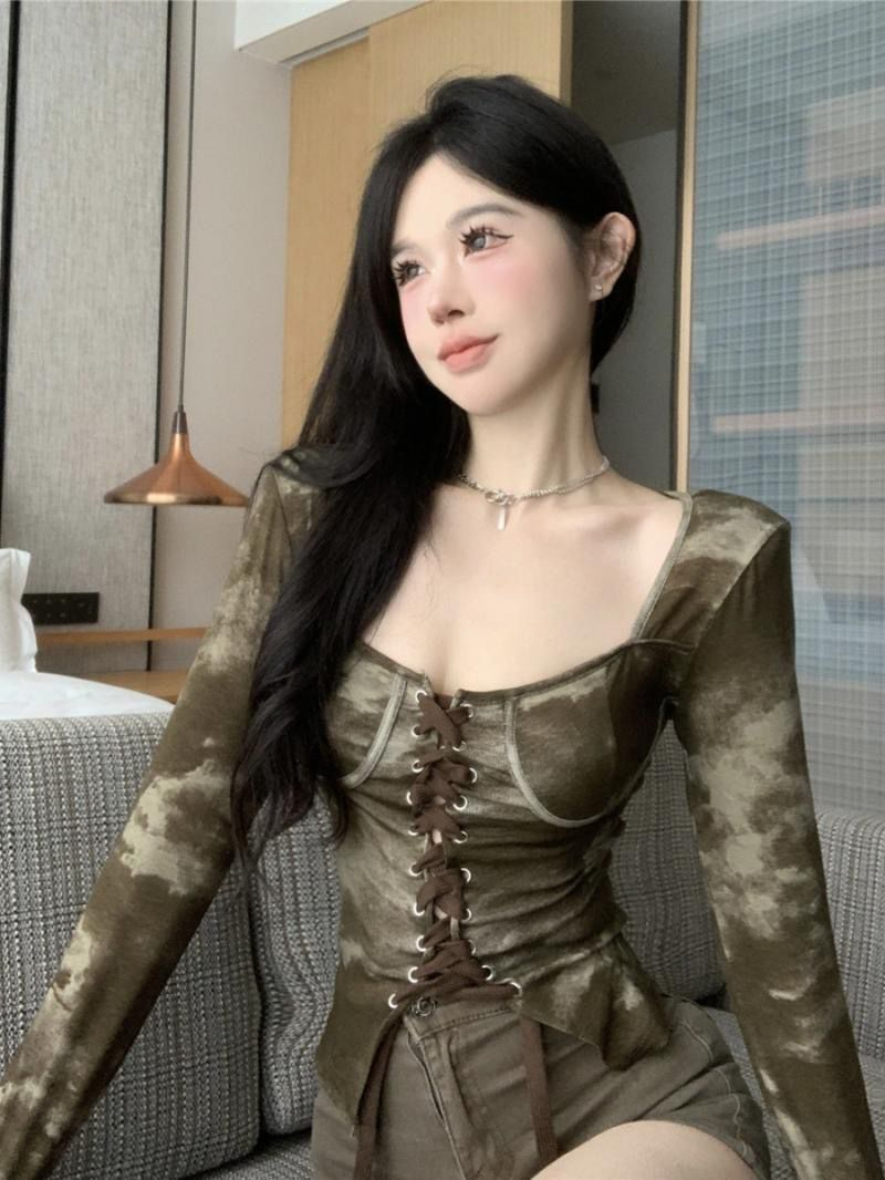 韓系休閒辣妹方領綁帶上衣女早秋設計感百搭修身
