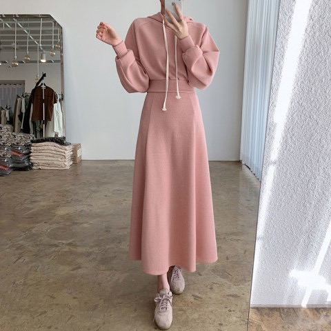 Autumn and winter pink loose long-sleeved hooded sweatshirt high-waisted A-line long skirt two-piece set