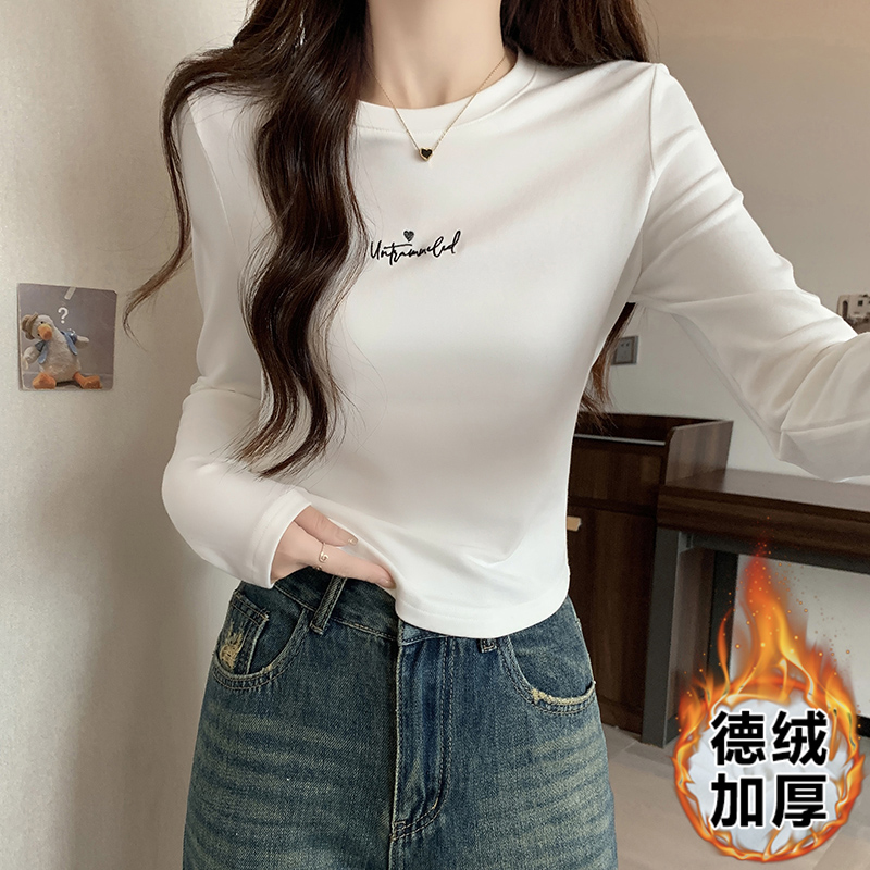 實拍德絨加厚長袖t恤女秋冬內搭韓版刺繡修身短款不規則上衣