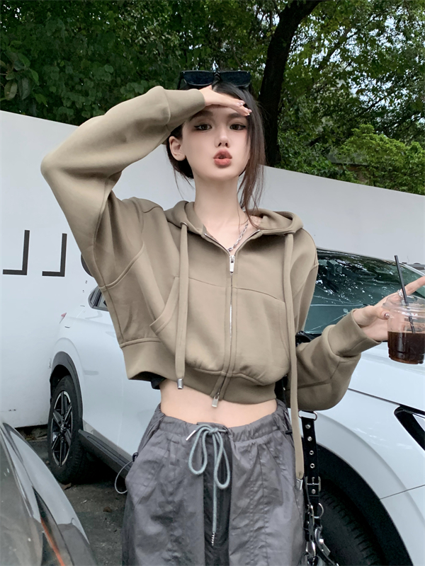 Real shot of fashionable loose hottie short hooded sweatshirt double zipper coat for small women