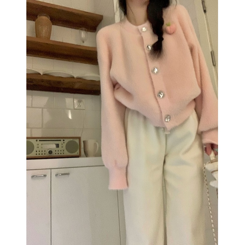 桃甜豆~設計感粉色水貂絨毛衣外套女冬寬鬆休閒針織開衫