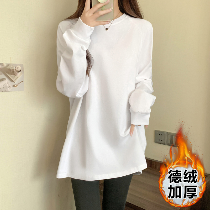 實拍德絨加厚打底衫女春秋冬中長款長袖圓領寬鬆衛衣疊穿上衣