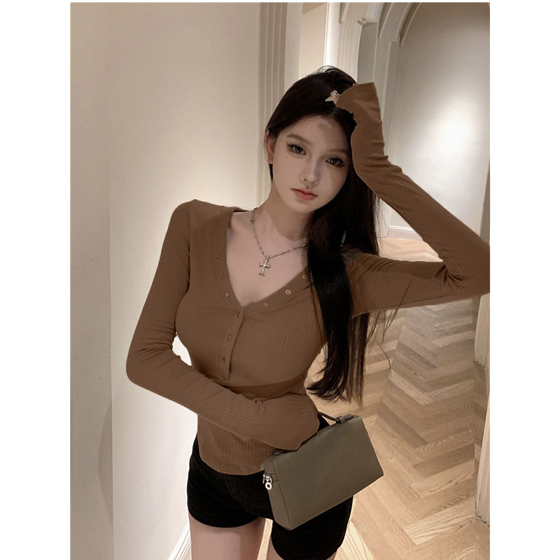 辣妹顯瘦新款上衣復古v領單排扣秋季長袖女氣質洋氣上衣