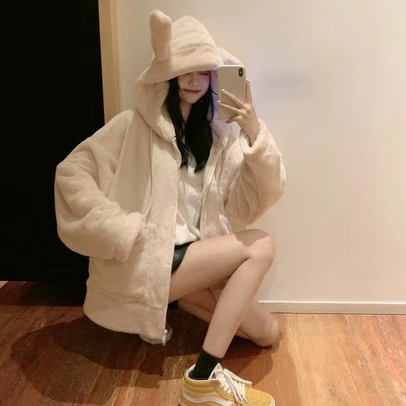 毛毛外套女秋冬百搭韓版寬鬆加絨加厚連帽毛茸茸衛衣