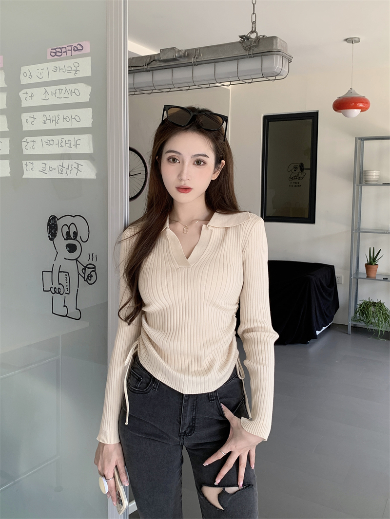 實拍 秋冬韓版修身polo領內搭抽繩褶皺系帶針織衫打底毛衣