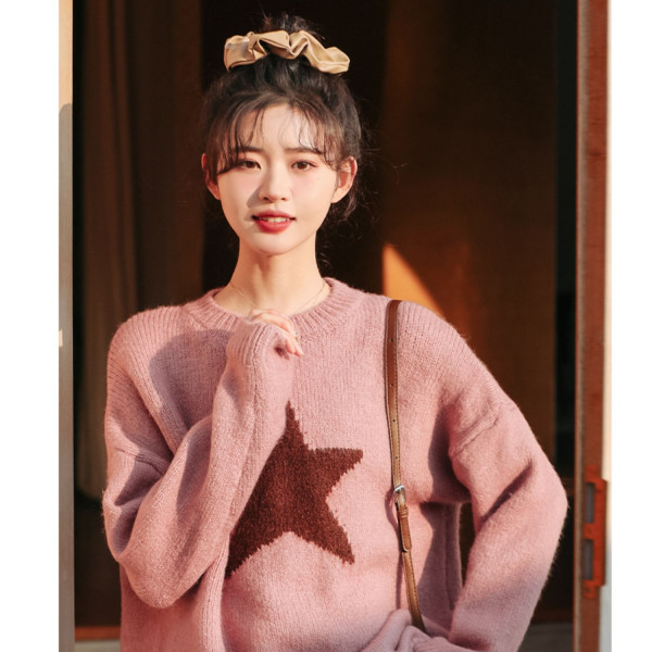 韓系寬鬆慵懶風星星毛衣女2023秋冬新款法式奶呼呼溫柔系軟糯上衣