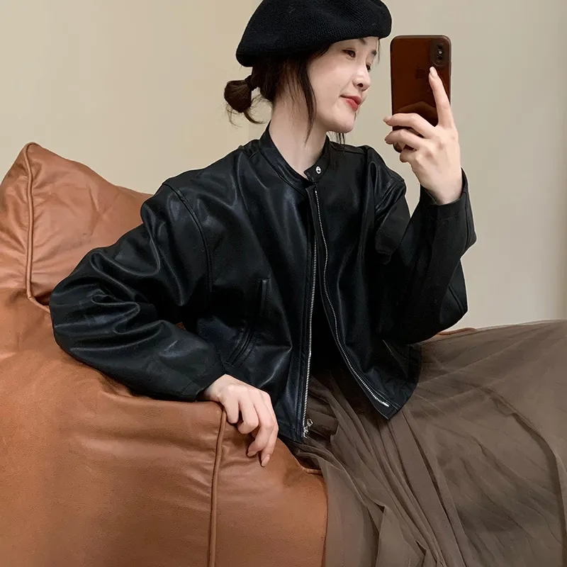 Exquisitely designed stand-up collar simple leather jacket 2023 spring and autumn new Korean style fashionable long-sleeved top slimming short jacket
