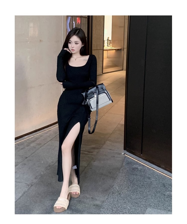 港風復古女秋新款方領針織連衣裙高腰性感開衩中長款裙子