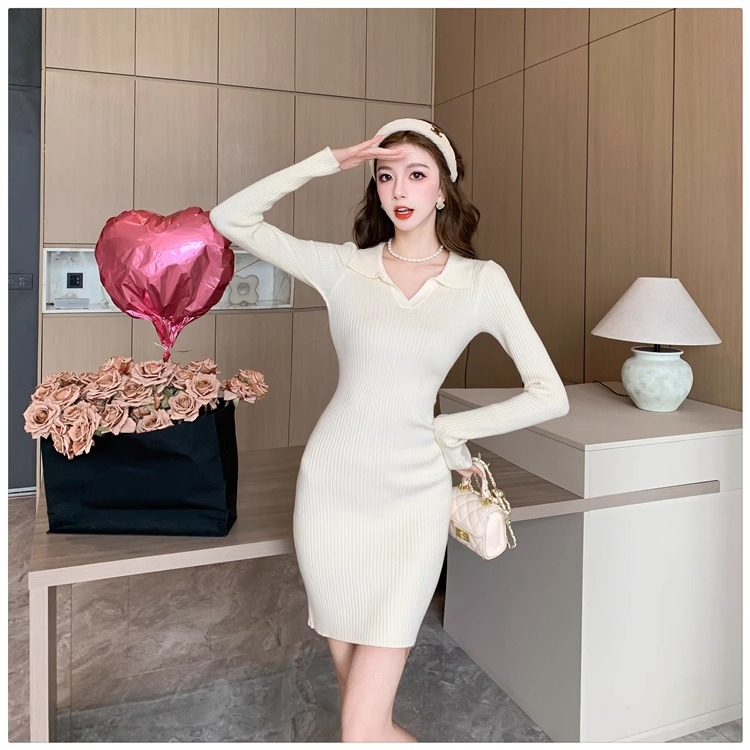 2023 autumn and winter new French retro polo collar knitted dress with sweater bottoming tight hip skirt