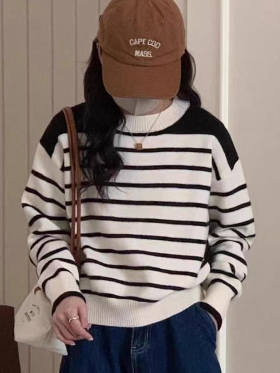 灰色條紋外穿毛衣女設計感小眾寬鬆慵懶學院風減齡後背開叉針織衫