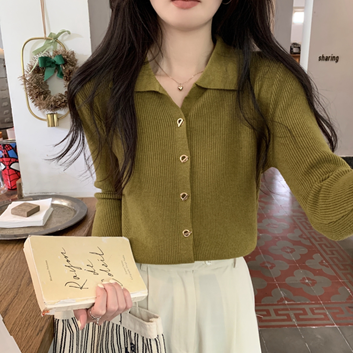 3900#2023秋新款polo領毛衣紐扣高級設計感長袖針織開衫打底上衣