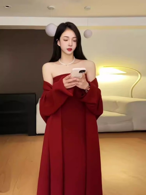 秋季時尚高級感絕美小香風紅色針織開衫毛衣連衣裙端莊大氣套裝女