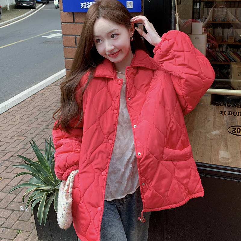 實拍~菱格棉服冬韓版寬鬆小個子加絨加厚棉衣棉襖麵包服外套