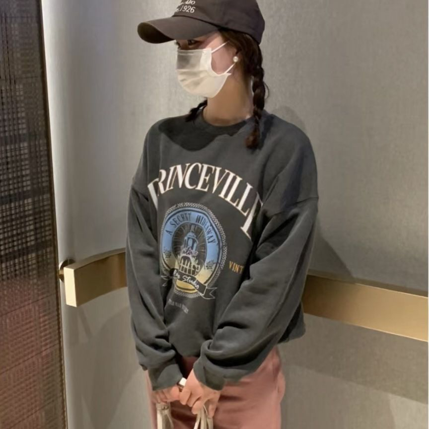 原宿BF加絨加厚套頭圓領衛衣女學生鹽系寬鬆上衣秋冬季外套慵懶風