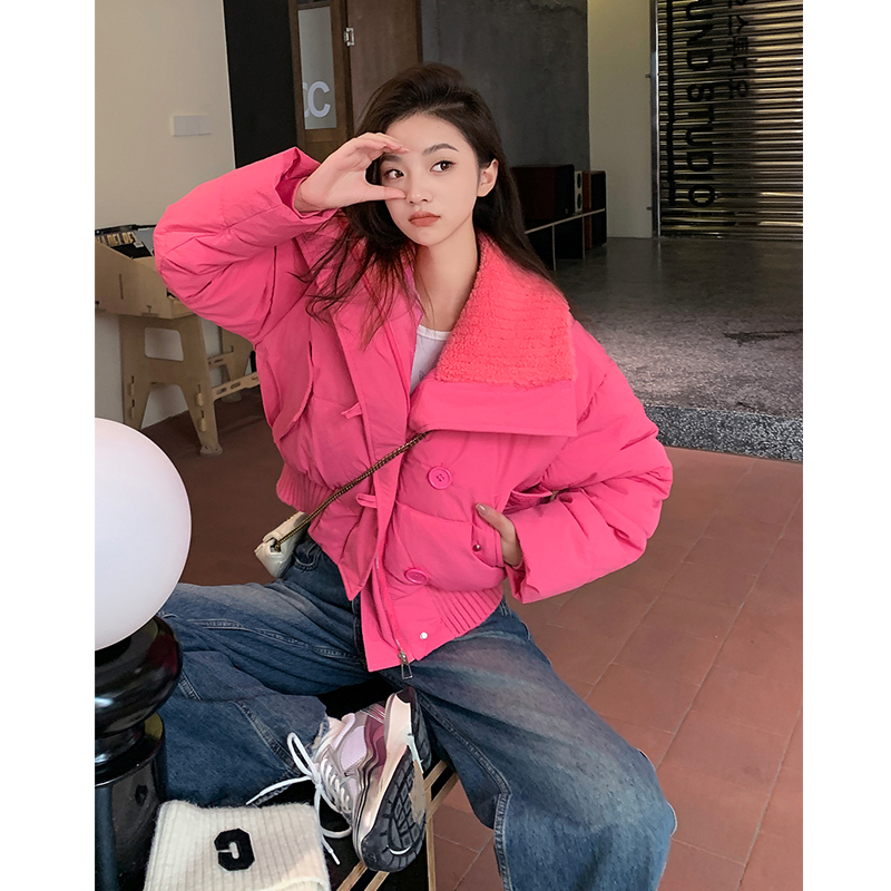 實拍2023冬季新款棉服設計感羊糕毛翻領短款女麵包服棉衣外套潮