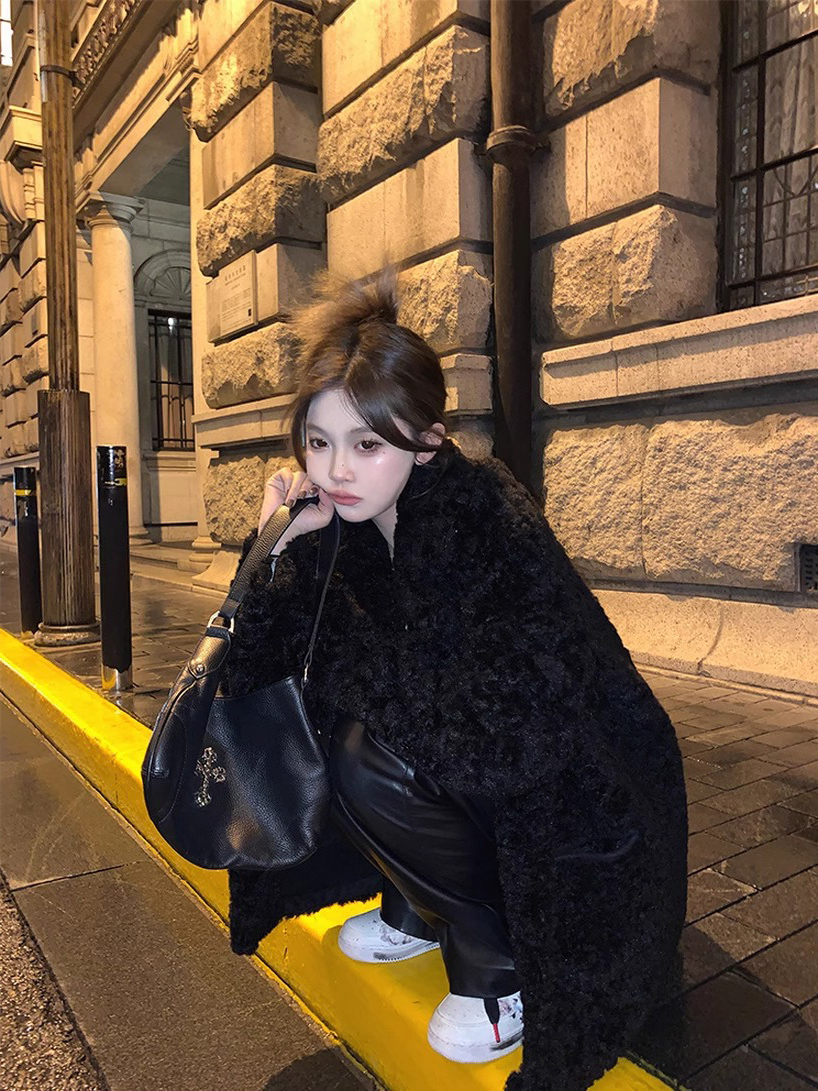 Black thickened suit collar plush lamb wool jacket for women trendy original fabric