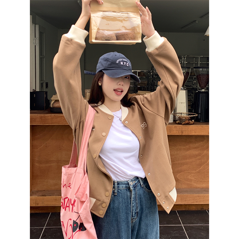 實拍美式復古chic棒球服外套2023秋季新款女裝百搭小個子撞色上衣