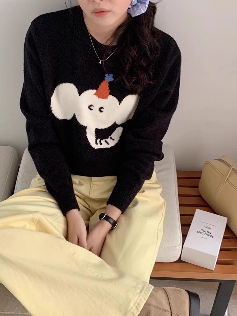 Cartoon sweater pullover women's spring and autumn small high-end loose outer versatile sweater early autumn long-sleeved top