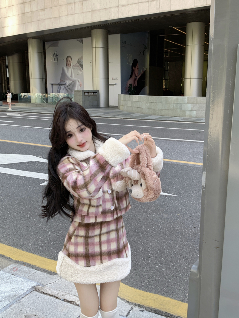 實拍 黑莓與月桂 秋冬甜美風少女格子拼接半身裙套裝