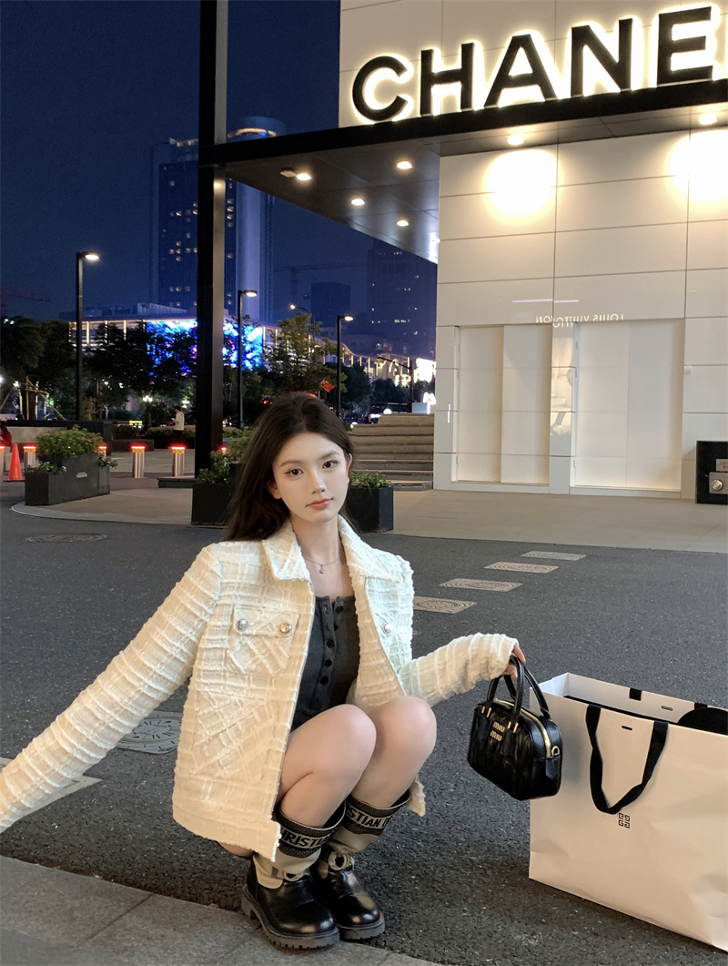 實拍 白色粗花呢休閒外套設計感小香風上衣
