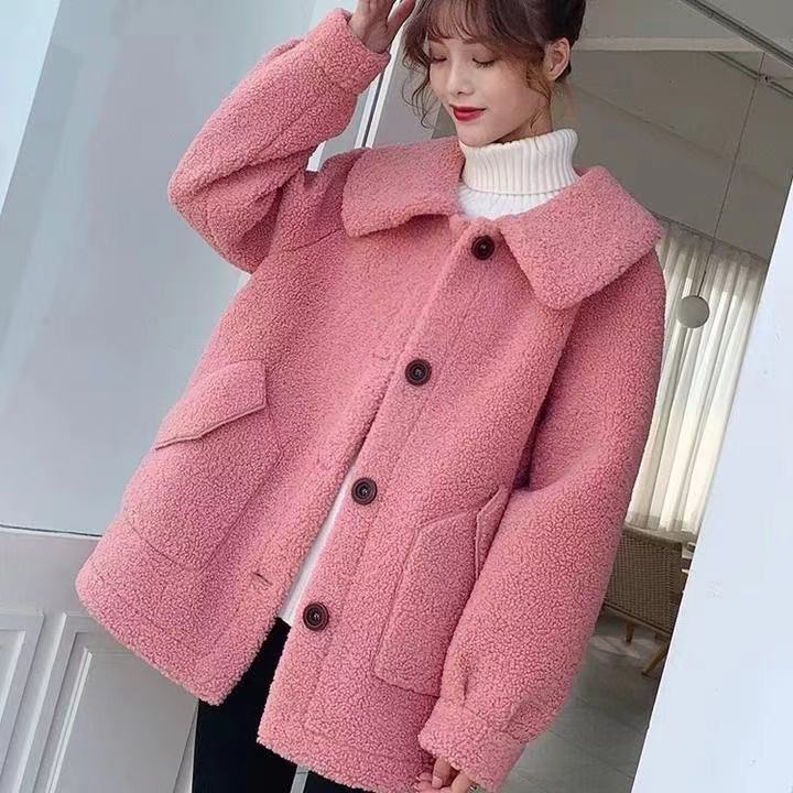Thickened imitation lamb wool one-piece square collar outer fashion coat for women autumn and winter large size single-breasted loose coat for women