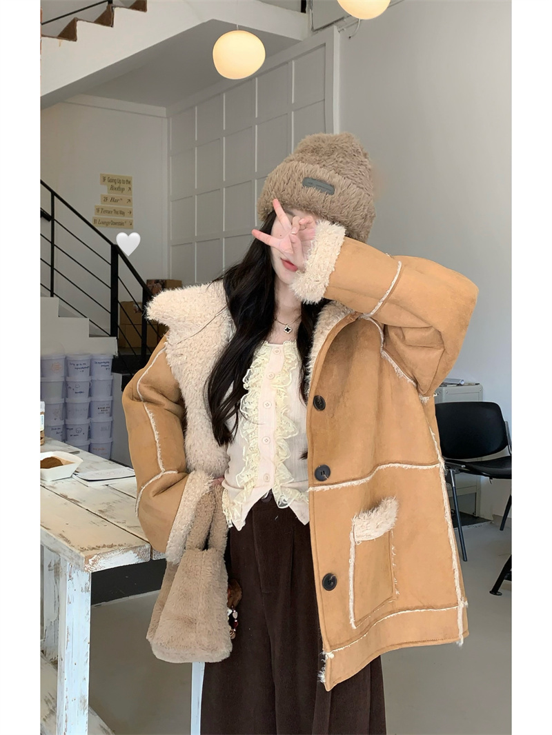 實拍 復古美拉德皮毛一體短外套女冬季環保皮草拼接連帽上衣