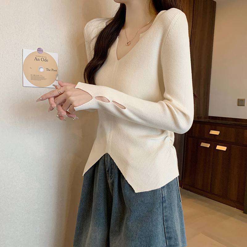 實拍包芯紗長袖上衣針織衫設計感潮開叉打底衫女秋冬V領保暖毛衣