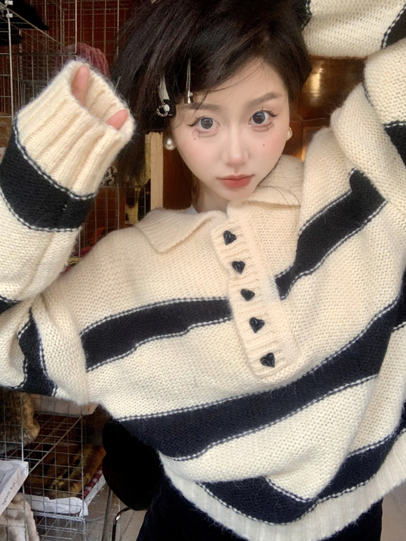實拍 道爾蒂手信 愛心扣翻領條紋針織寬鬆羊毛毛衣韓系女上衣