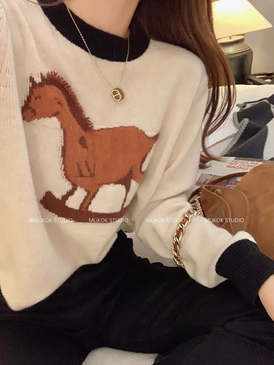 MUKOK全羊毛套頭針織衫女秋冬趣味小馬減齡撞色百搭減齡慵懶毛衣