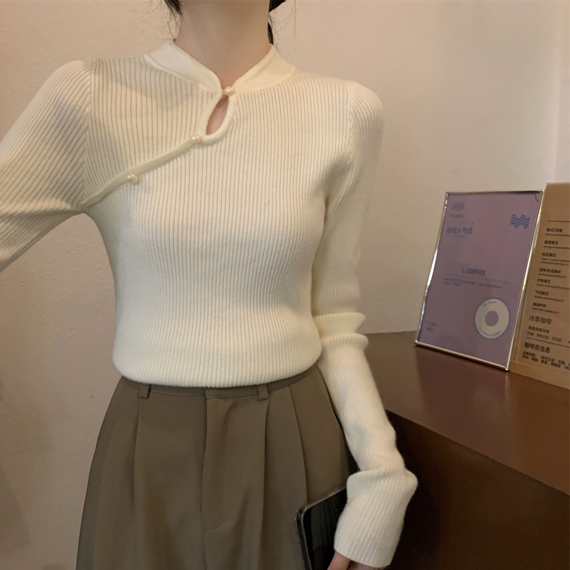 Actual shot of autumn and winter Korean style slim-fitting half-turtle collar Chinese style chic design Andy velvet knitted base sweater