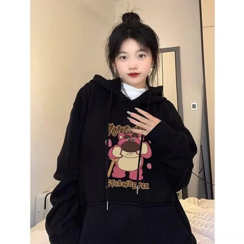 魚鱗8515薄款 美式復古草莓熊ins潮秋冬寬鬆韓版慵懶風bf上衣