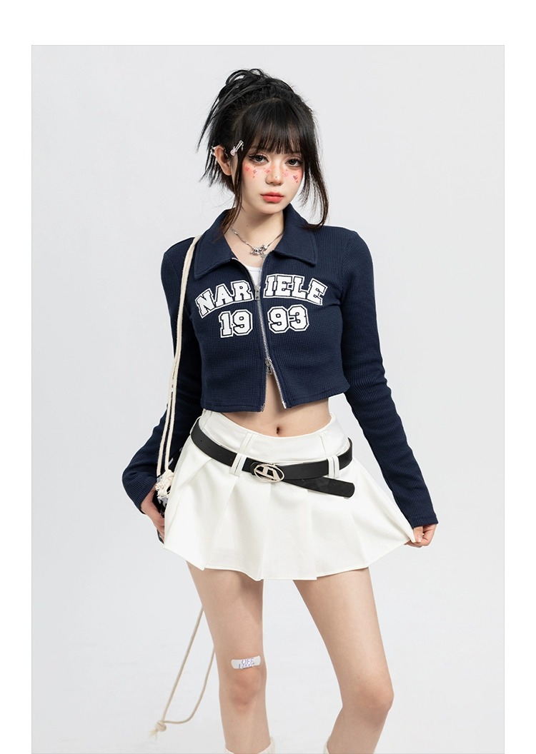華夫格 ~polo領拉鏈字母長袖上衣女秋季薄開衫