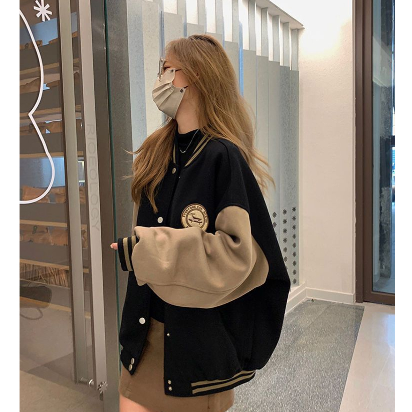 黑色棒球服女加絨2023秋冬新款美式復古學院風上衣寬鬆夾克外套潮