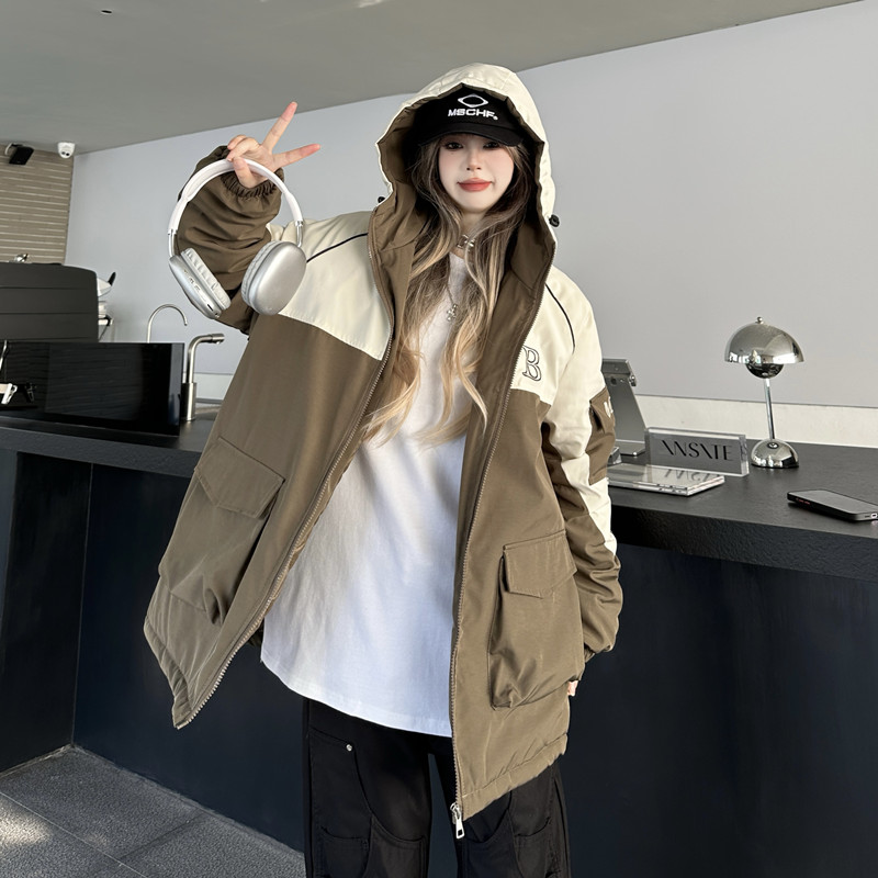 實拍#棉服女2023冬季新款美式復古拼接立領防風連帽棉衣加厚外套