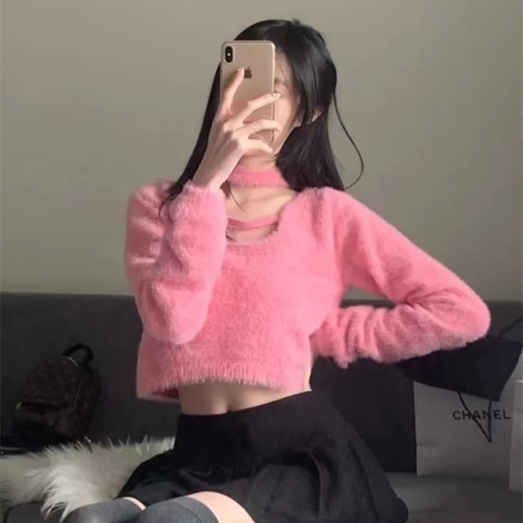 chic韓風別致性感水貂絨毛衣設計感小眾女小個子短款純欲打底上衣