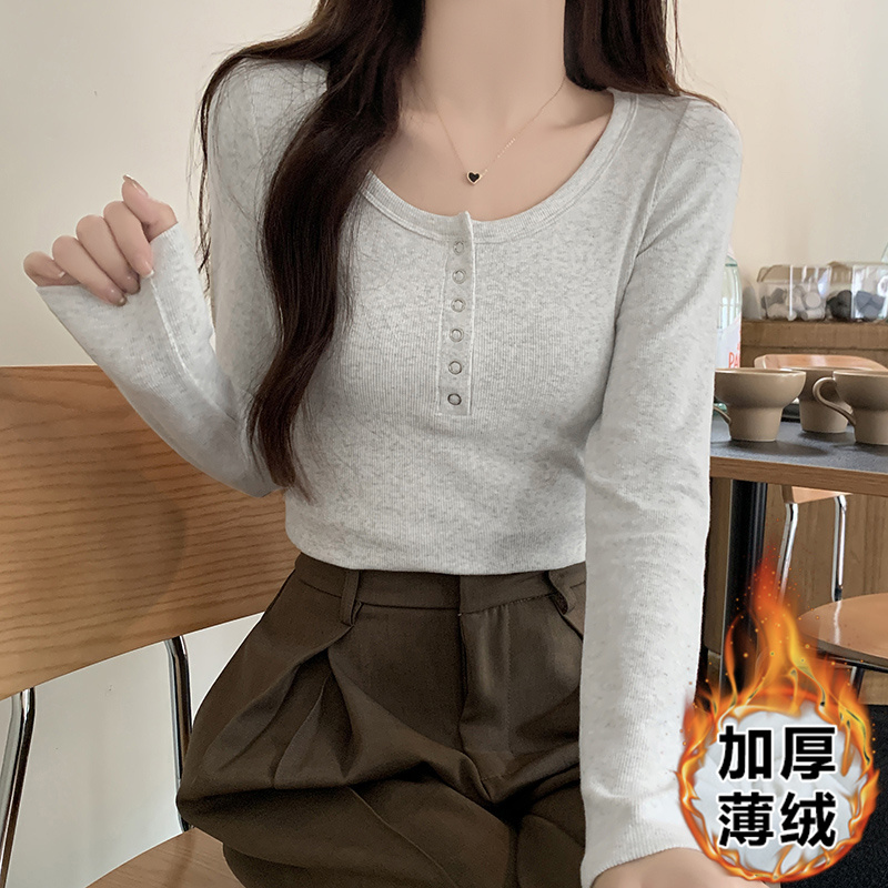 實拍半開低領長袖打底衫女秋冬加絨t恤內搭緊身短款鎖骨上衣