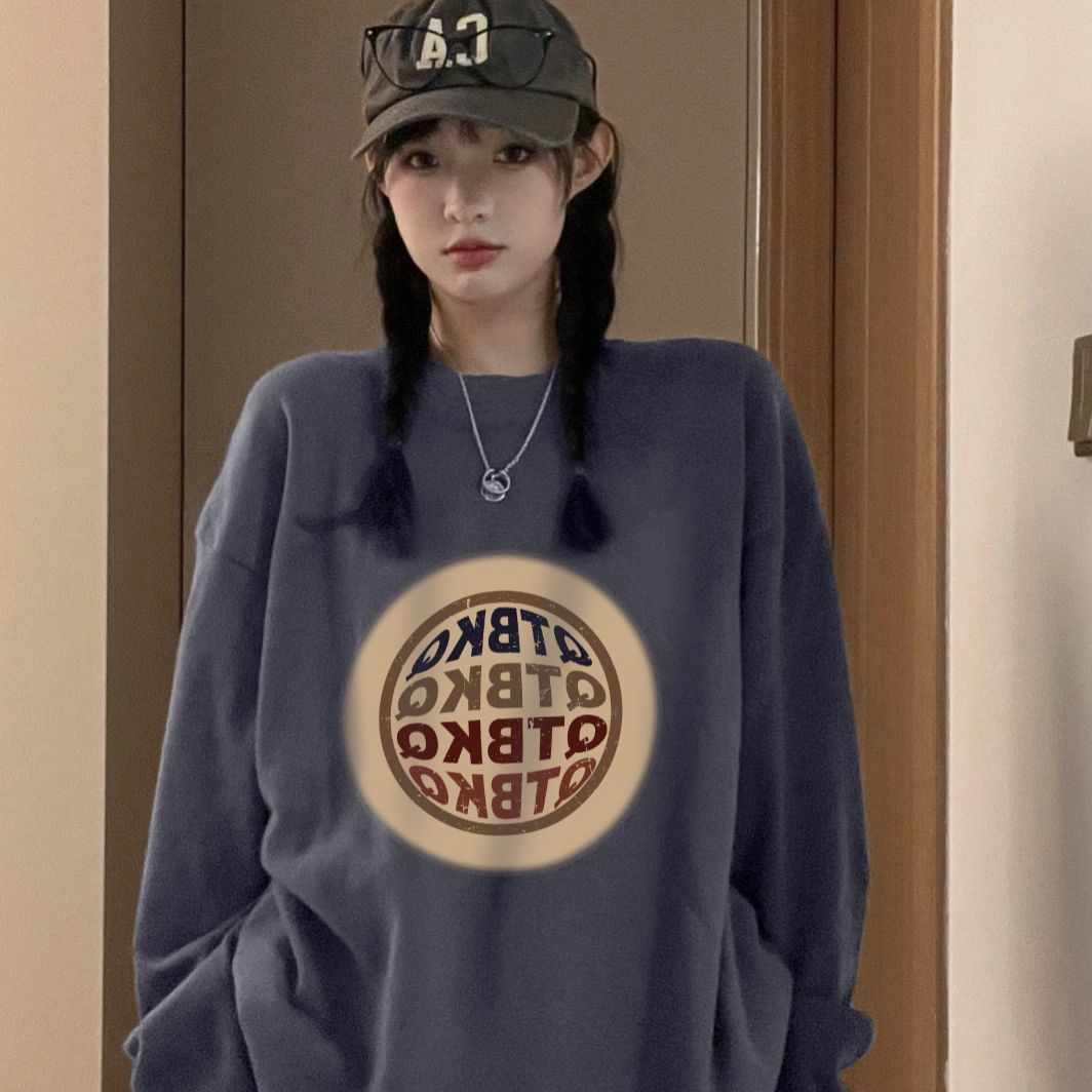 純棉 加絨 美式慵懶風小眾印花寬鬆百搭衛衣