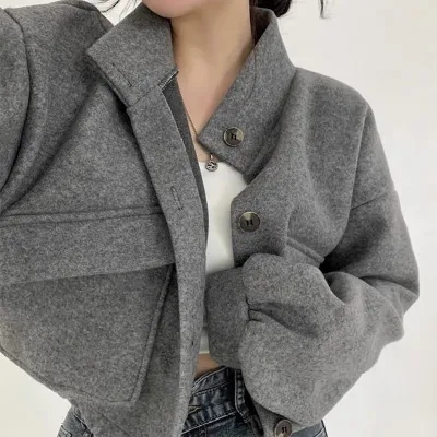 韓國chic復古立領單排扣寬鬆休閒百搭長袖短款毛呢外套女