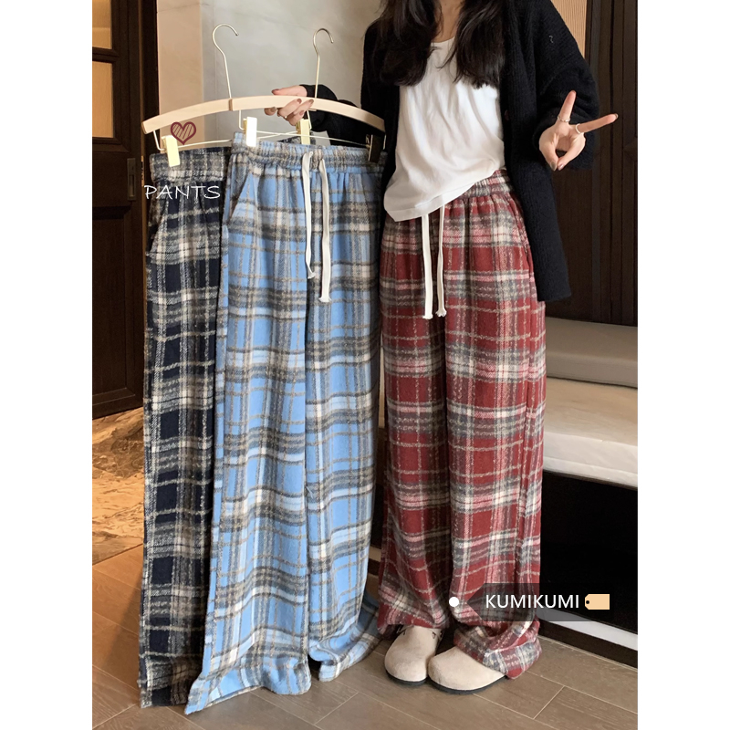 復古格子褲毛呢加厚休閒褲女秋冬季抽繩闊腿褲寬鬆長褲紅色褲子