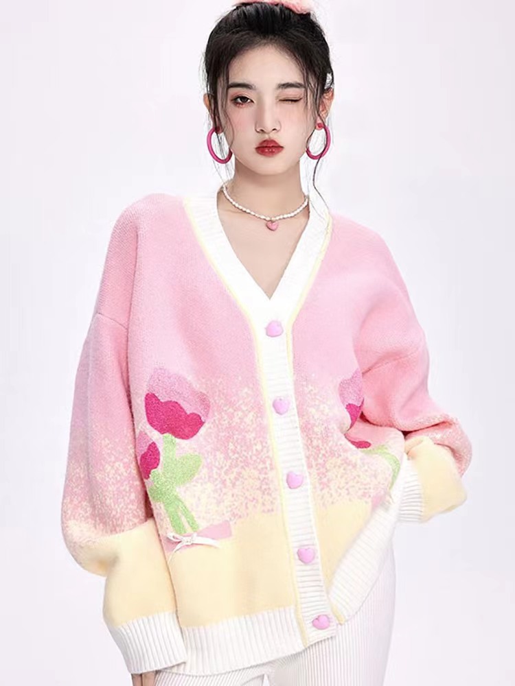 甜美風設計感V領花朵蝴蝶結針織開衫女春秋減齡小衫百搭小眾上衣