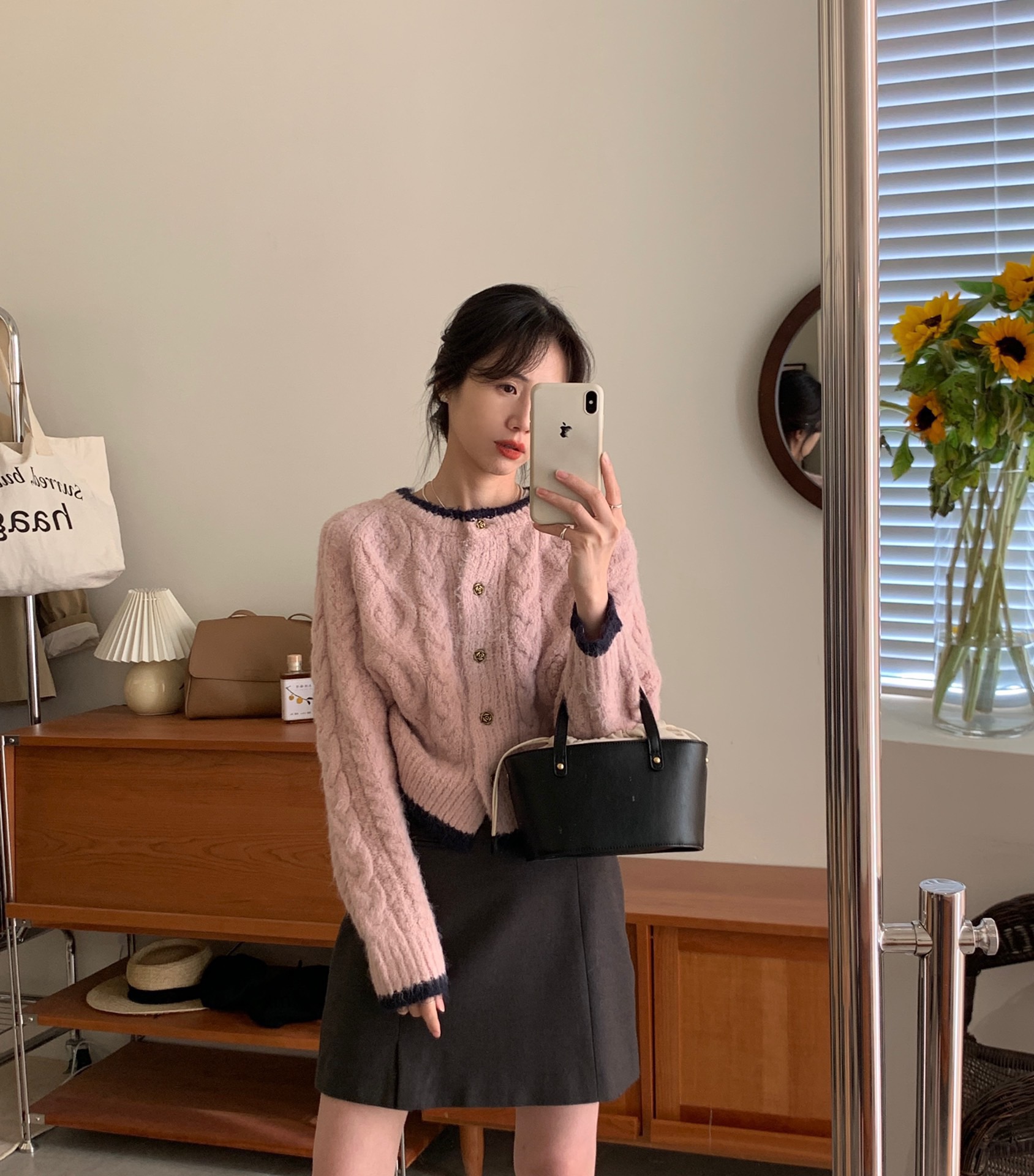 粉色麻花毛衣開衫外套女秋冬外穿慵懶風設計感小眾別致針織衫上衣