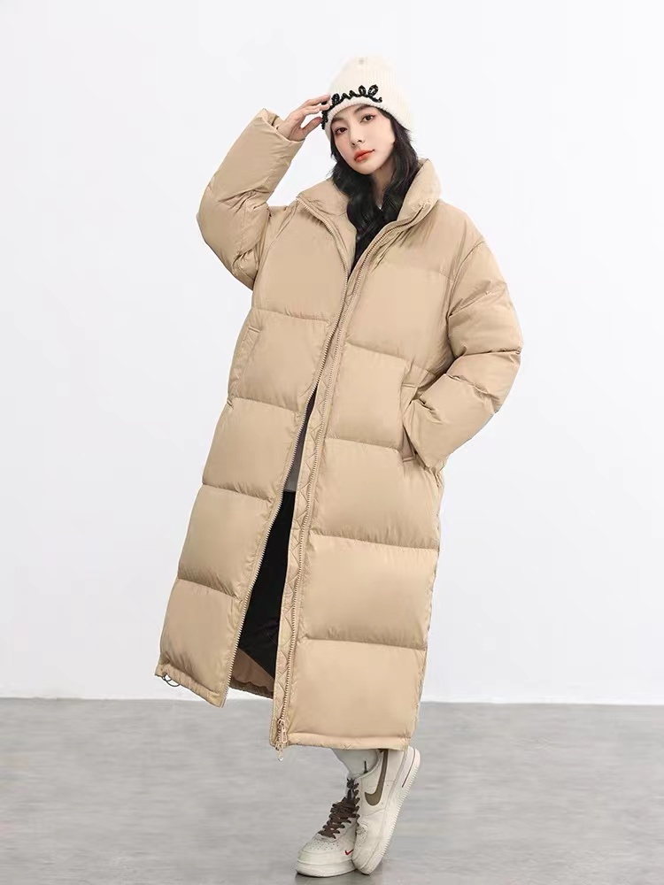 鴨鴨長款羽絨棉服女2023冬新款立領百搭韓版過膝加厚寬鬆純色棉衣