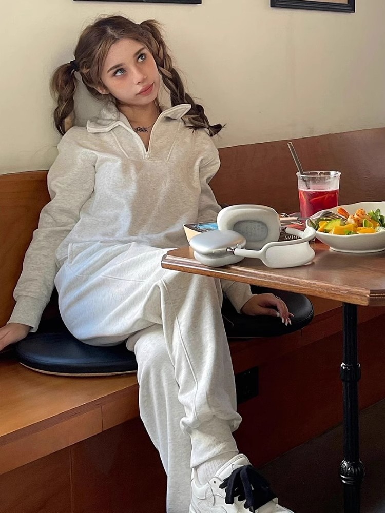 美式半拉鏈衛衣運動服套裝女秋季學院風少女跑步休閒兩件套潮
